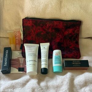 Red and Black Cosmetic Bag with Skincare and Makeup Set